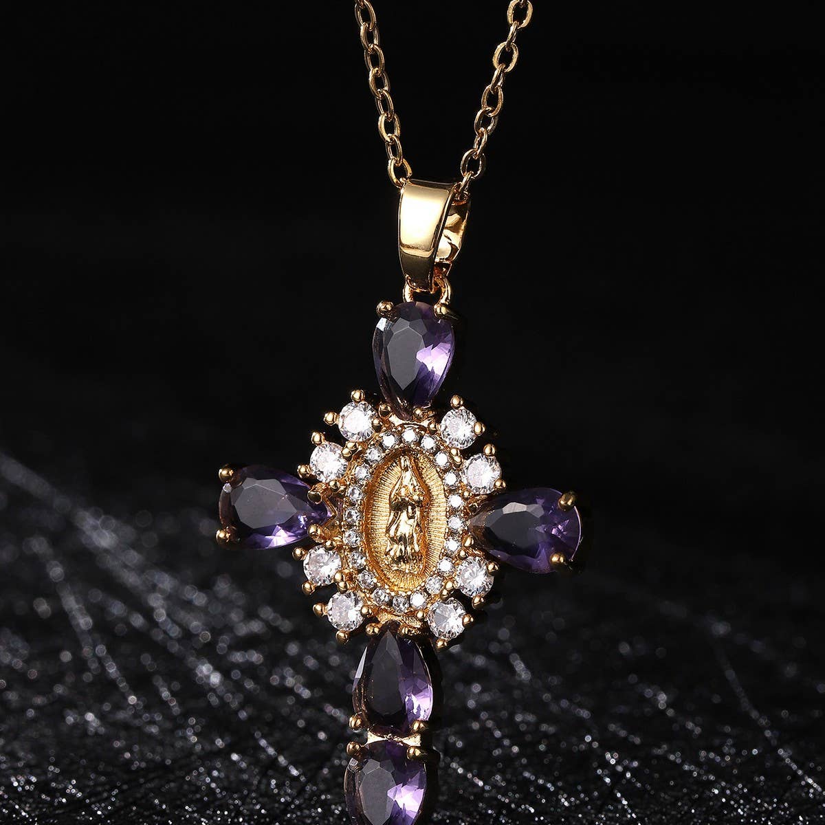 Zirconia Pendant Virgin Mary Cross Necklace_CWMM5867