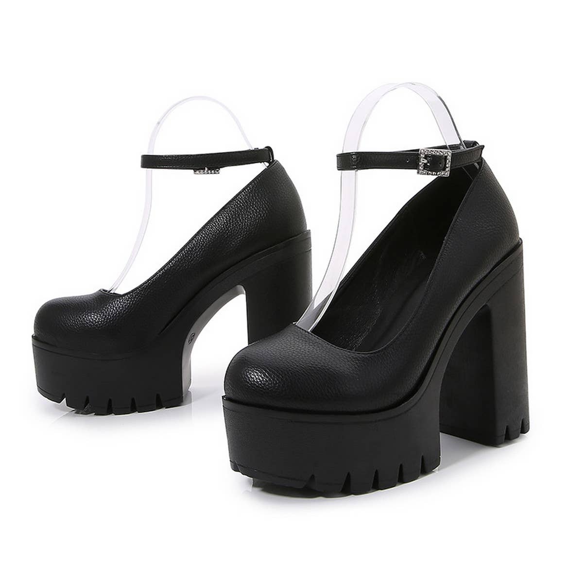 ROUND TOE FLAT BUCKLE PLATFORM HIGH HEELS