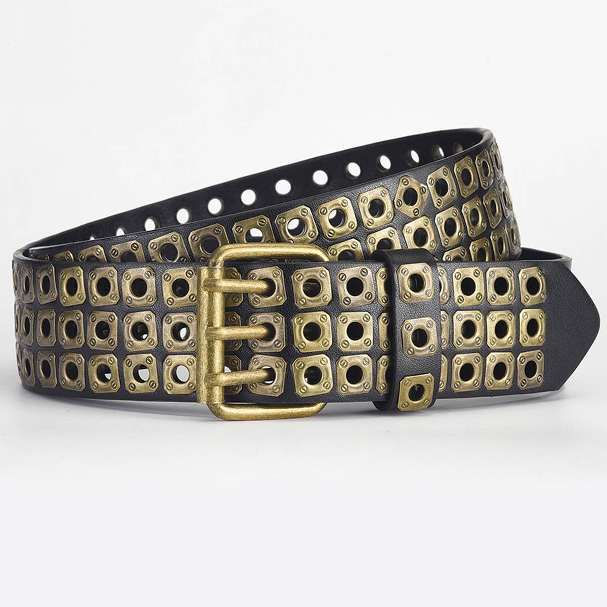 SQUARE BEAD RIVET TRIPLE ROW EYELET PUNK BELT_CWABE0584