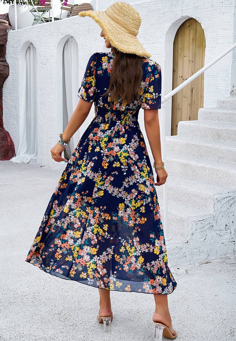 Floral V-Neck Waist-Tie A-Line Maxi Dress