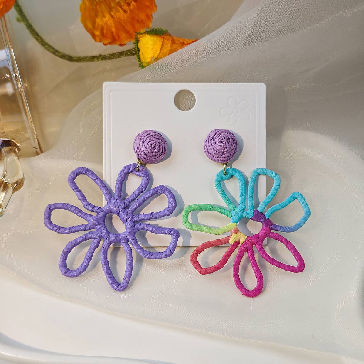Colorful woven Raffia grass hollowed-out earrings