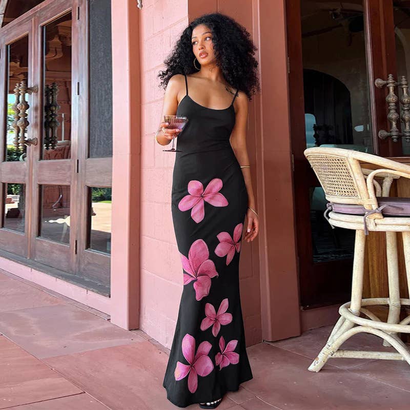 Floral print stretch low-cut long halter dress