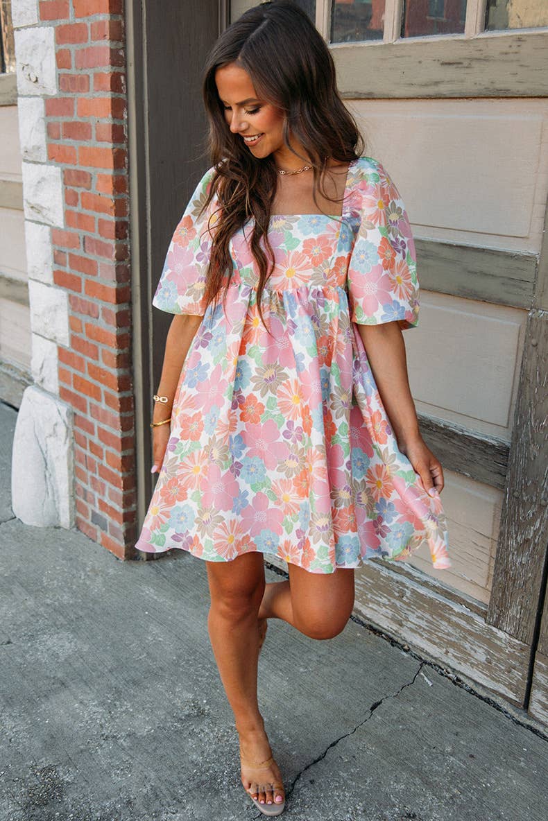 Floral printed backless short-sleeved dress