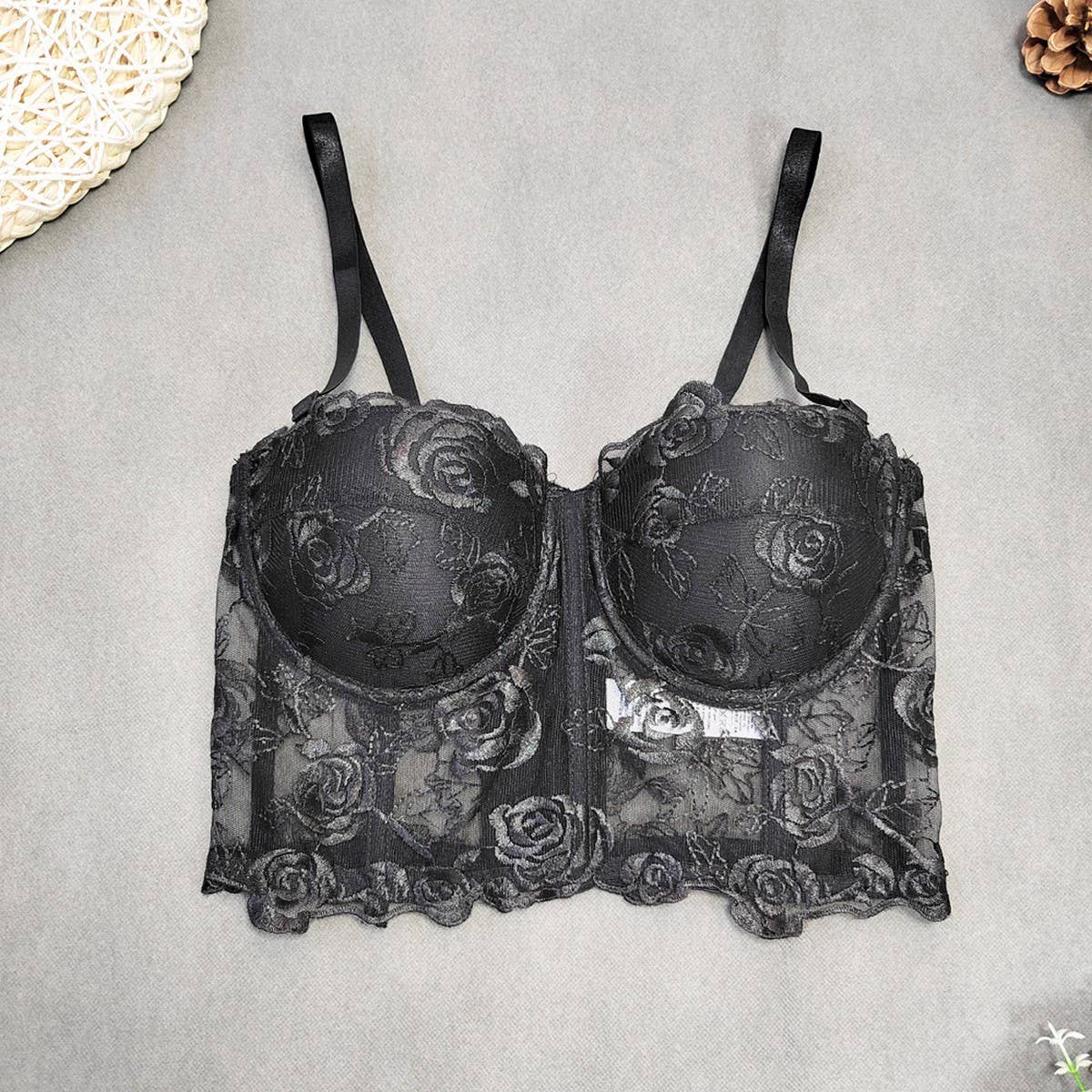 PURE LACE FLOWER EMBROIDERED HERRINGBONE CORSET_CWMM4243
