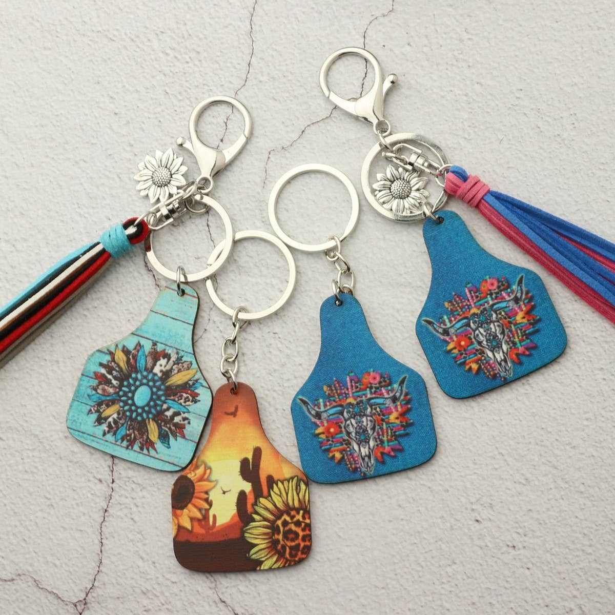 Western Bull Head Leather Tassel Sunflower Keychain_CWAB5089