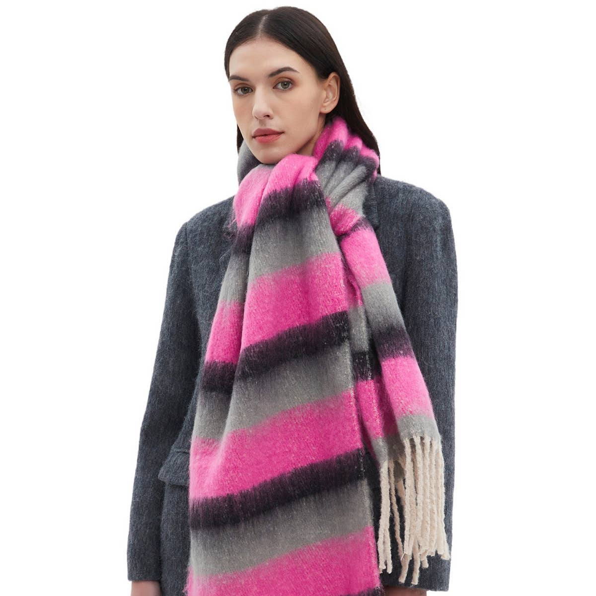 Chunky Fringe Stripe Scarf ? Winter Yarn Wrap