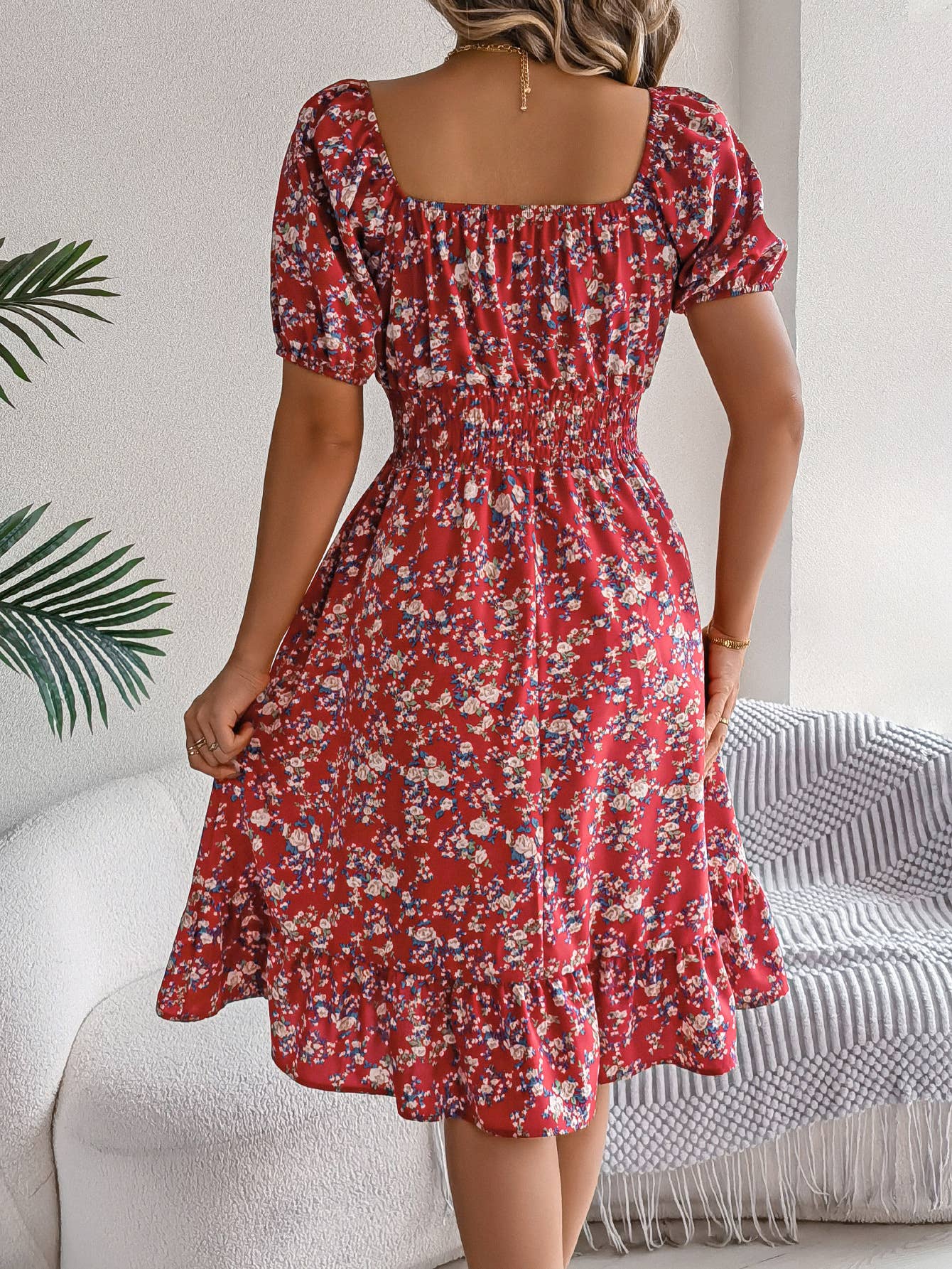 Floral square collar tucked waist peplum dress