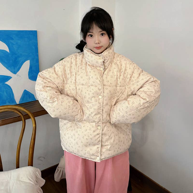 Floral short stand-up collar padded jacket