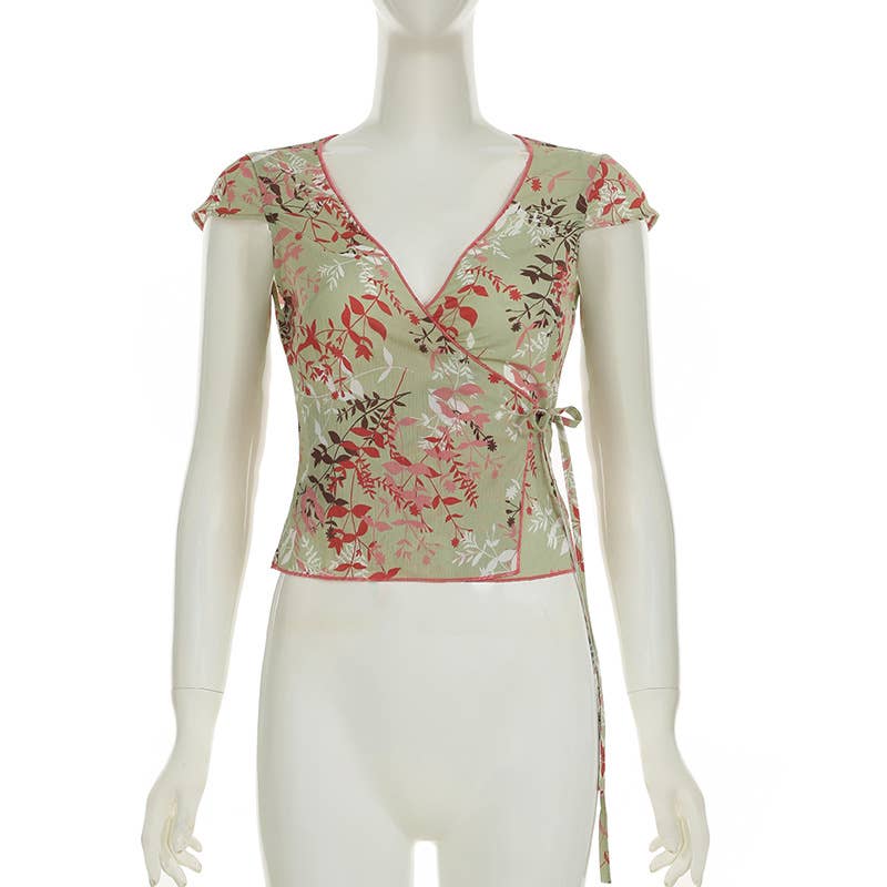 Floral tie V-neck puffed sleeve light T-shirt