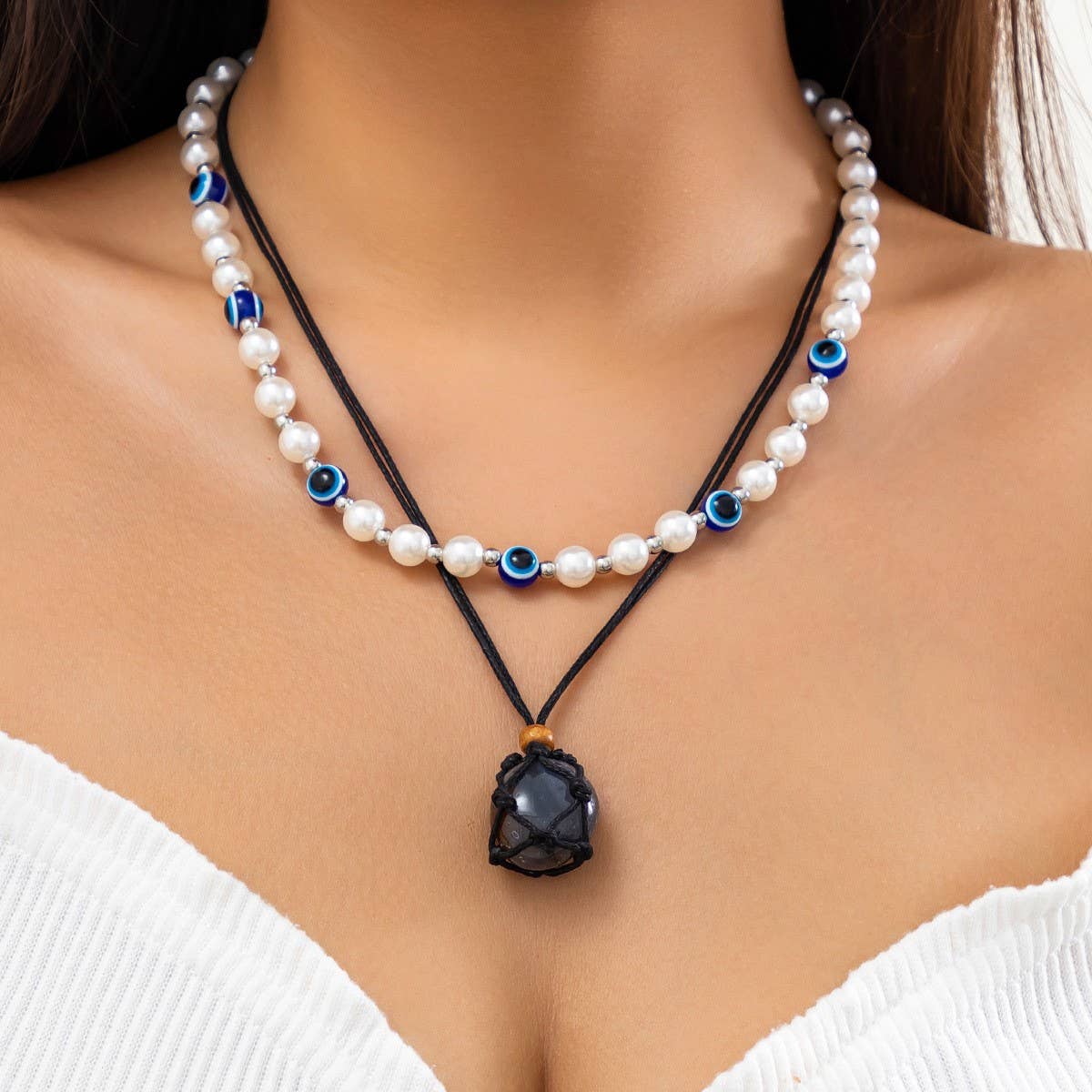 NEW DEVIL BLUE EYES VINTAGE BEADED NECKLACE