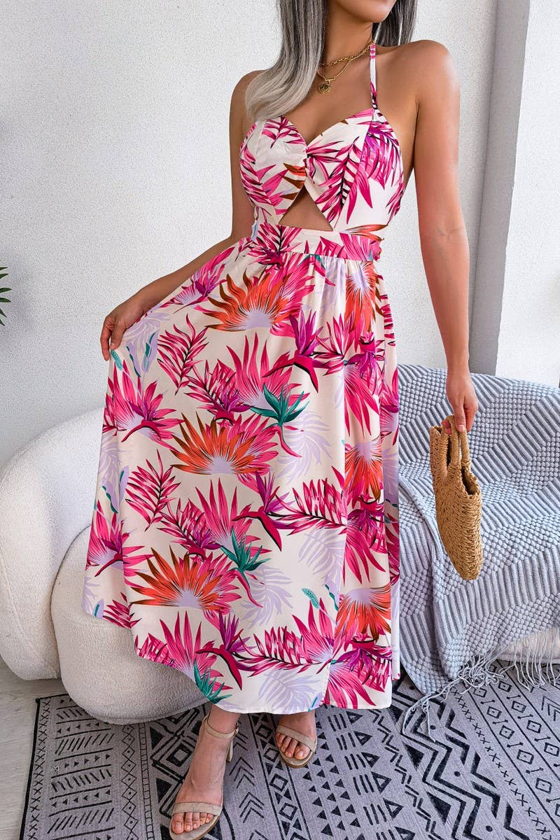 FLORAL SLEEVELESS HALTER DRESS_CWDMD1157