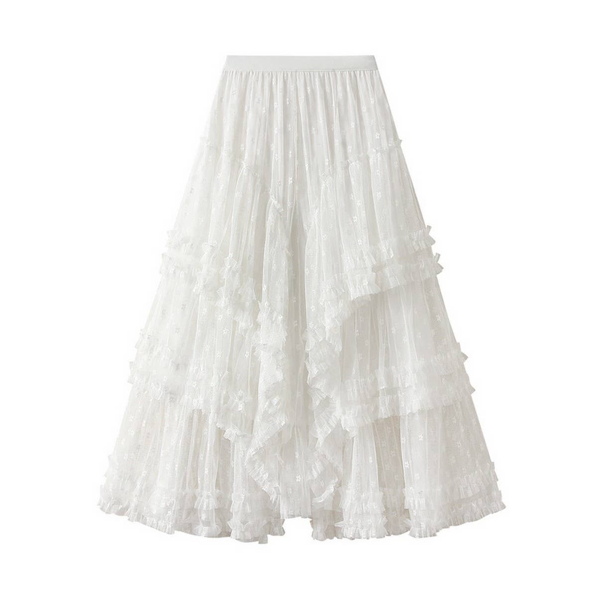 WHITE HEAVY LACE SPLICING IRREGULAR MESH SKIRT