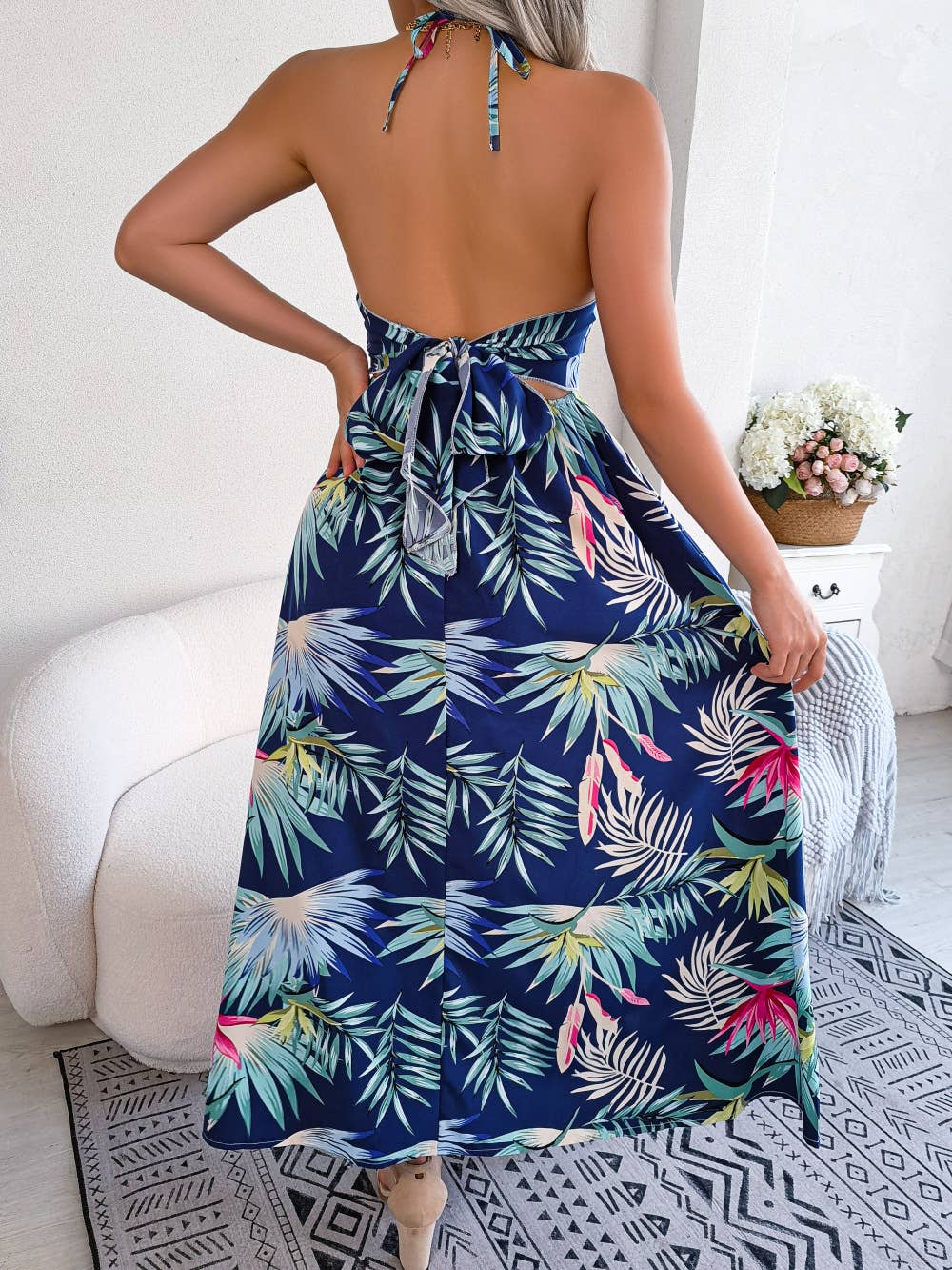 Floral sleeveless halter dress Holiday beach dress