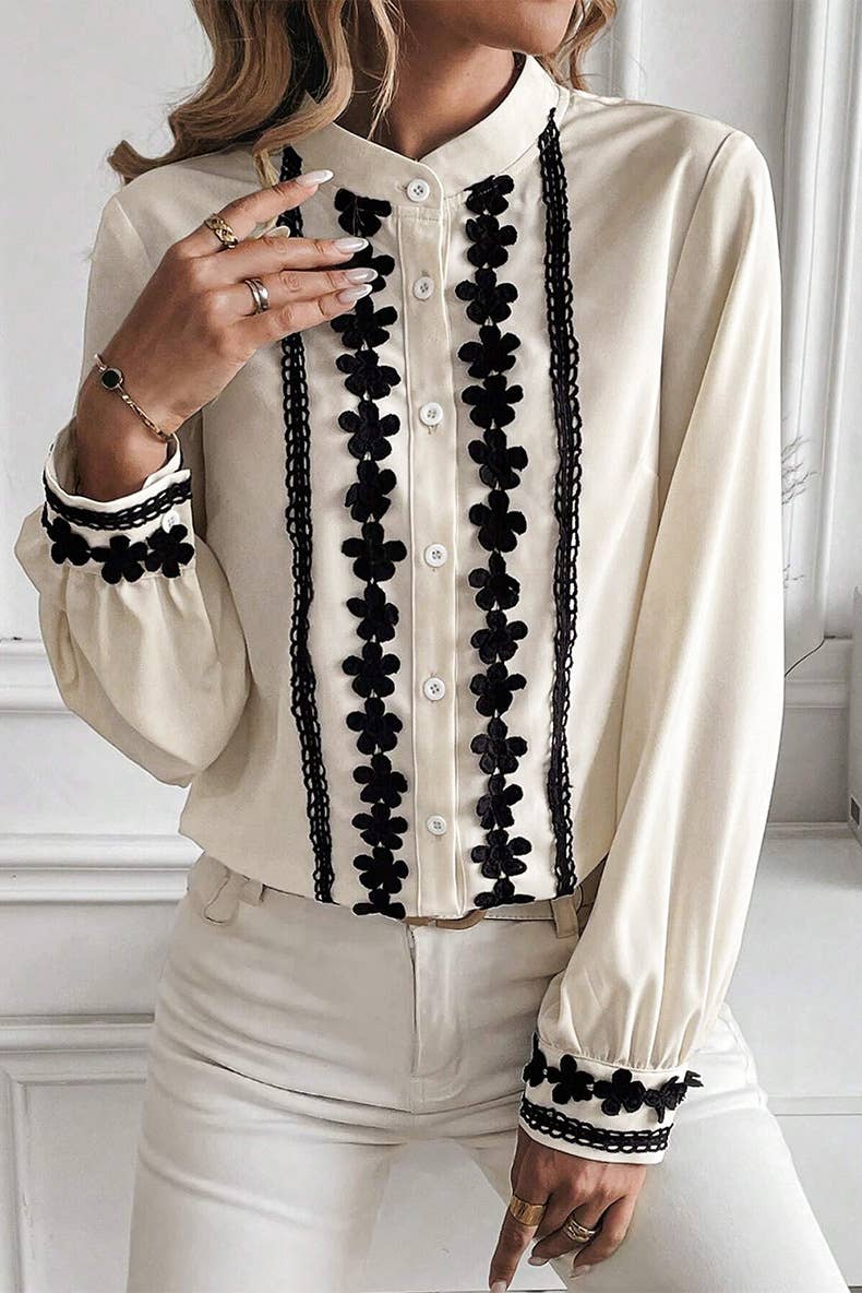 FLORAL EMBROIDERY SINGLE-ROW BUTTON-DOWN SHIRT