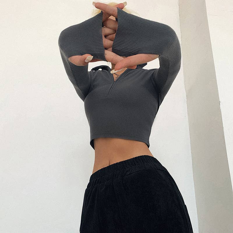 Zipper half neck crop slim T-shirt