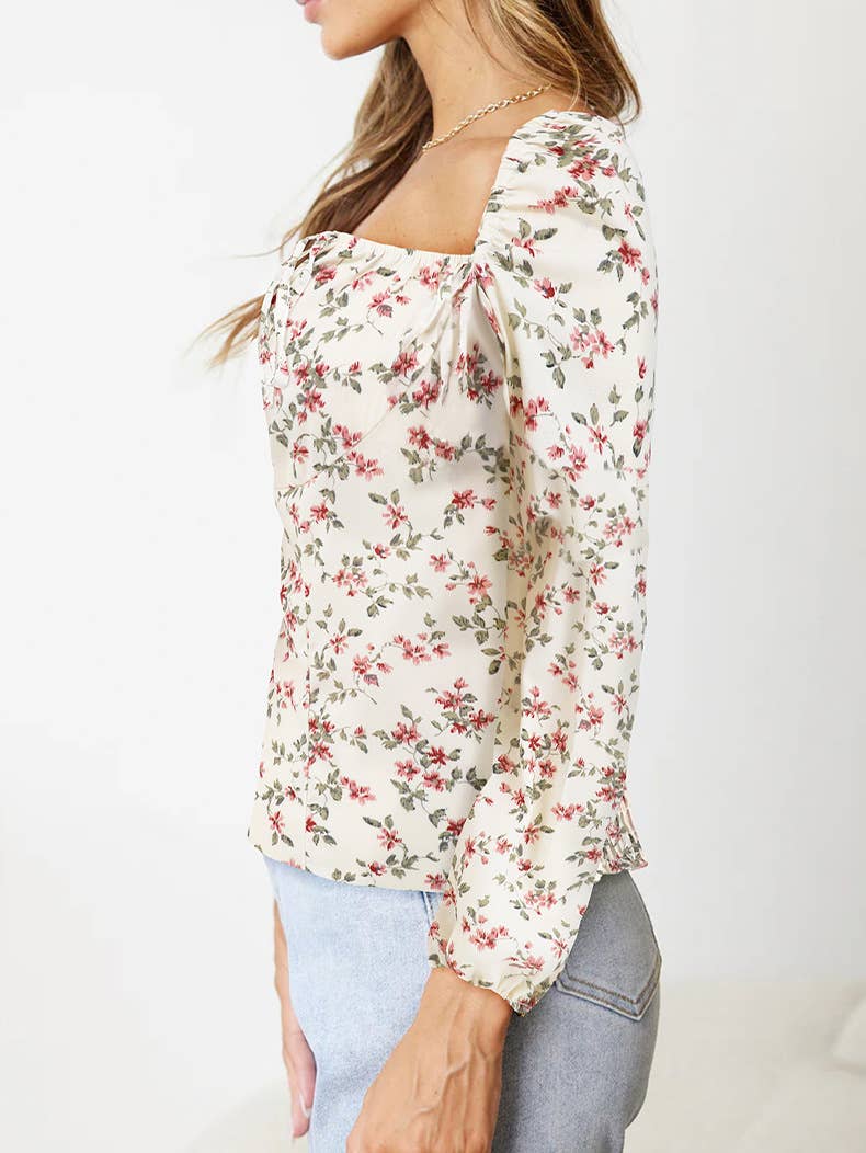 Floral Long Sleeve Square Neck Loose T-shirt