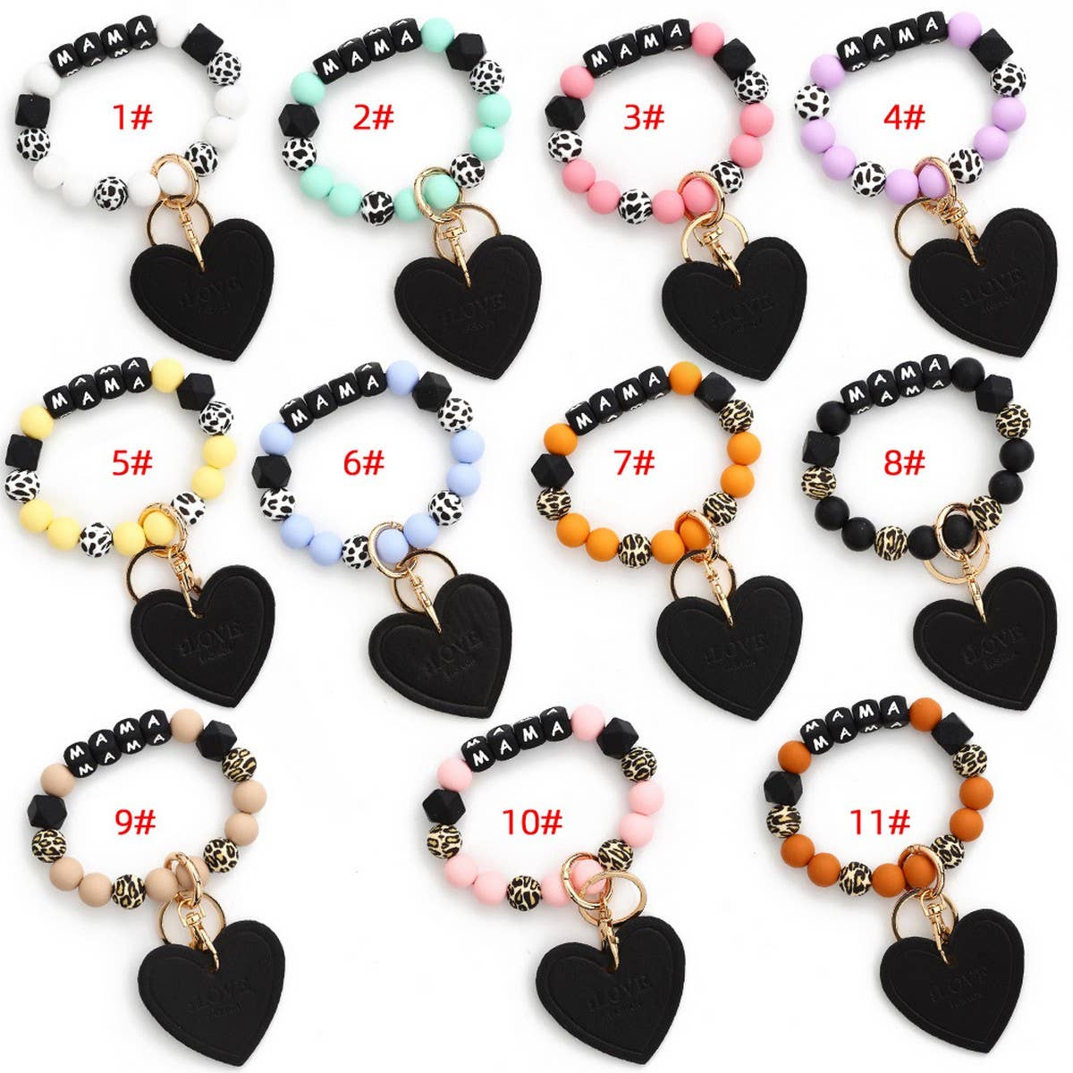 Leopard Print Silicone Bead Heart Bracelet Keychain_CWAB5018