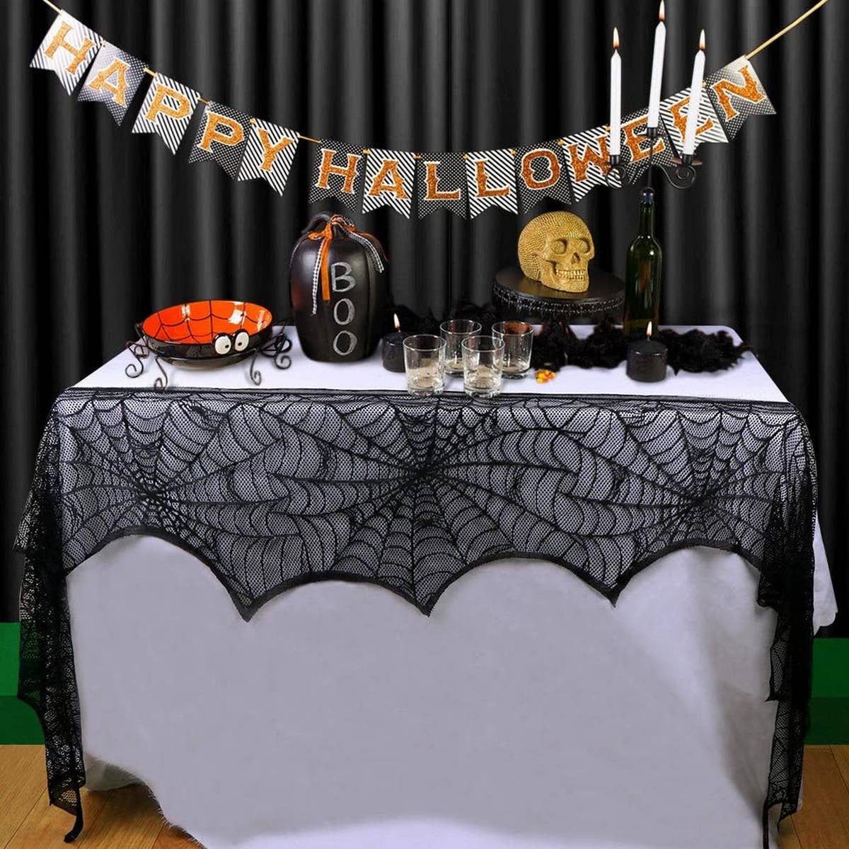 HALLOWEEN FIREPLACE LACE SKULL TABLE RUNNER