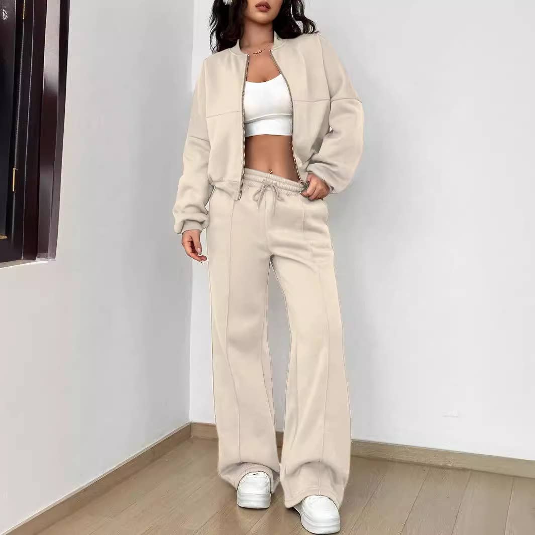 Zipper cardigan straight-leg sport pants set