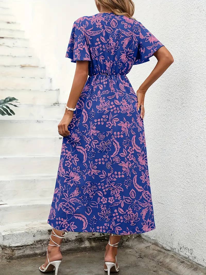 Floral printed V-neck A-line cinched waist dress