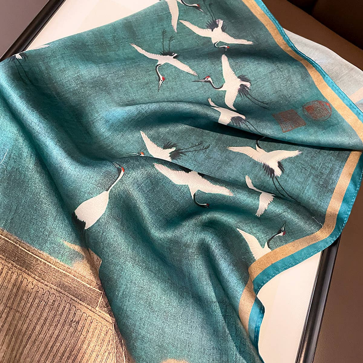 Crane Print 100% Silk Square Scarf 53cm for Women