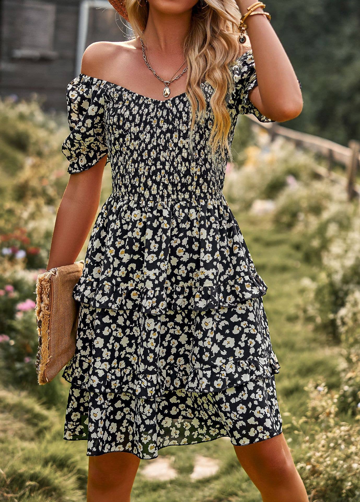 FLORAL SHORT SLEEVE CAKE DRESS