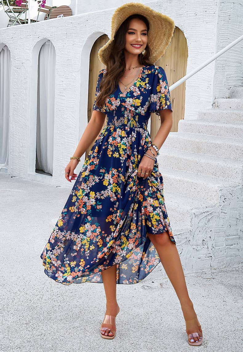 Floral V-Neck Waist-Tie A-Line Maxi Dress