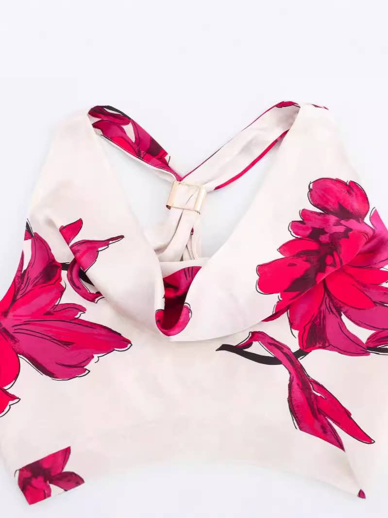 FLORAL PRINT SILK SATIN TEXTURE DRESS
