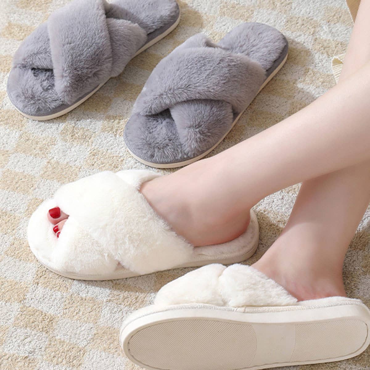 Cross style Faux rabbit fur slippers For Women