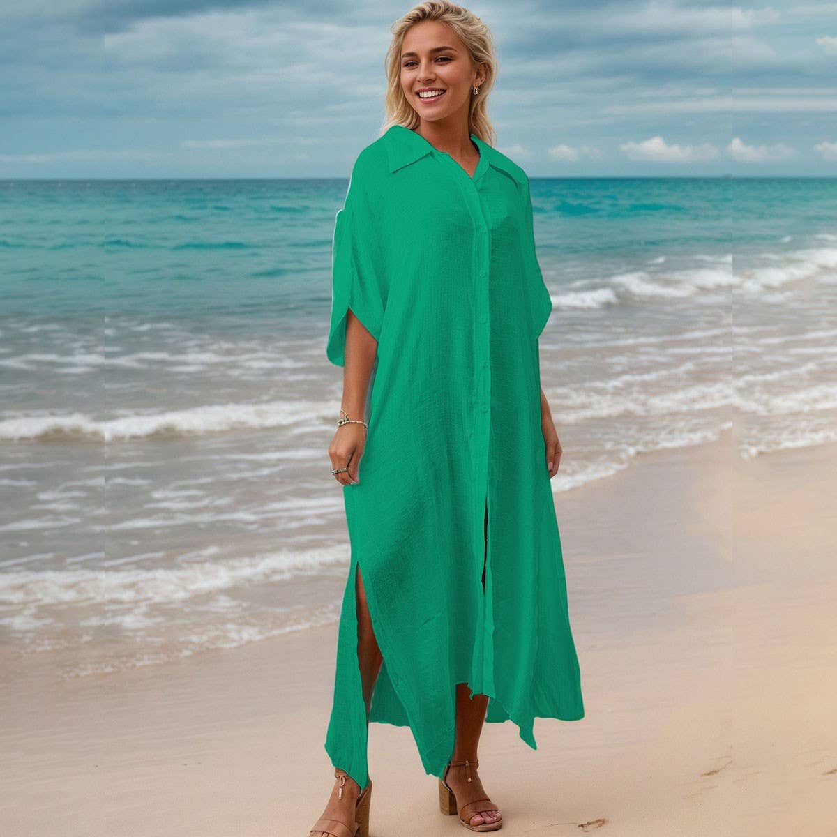 Bamboo Cotton Beach CoverUp Solid Color BikiniShirt_CWMM6300