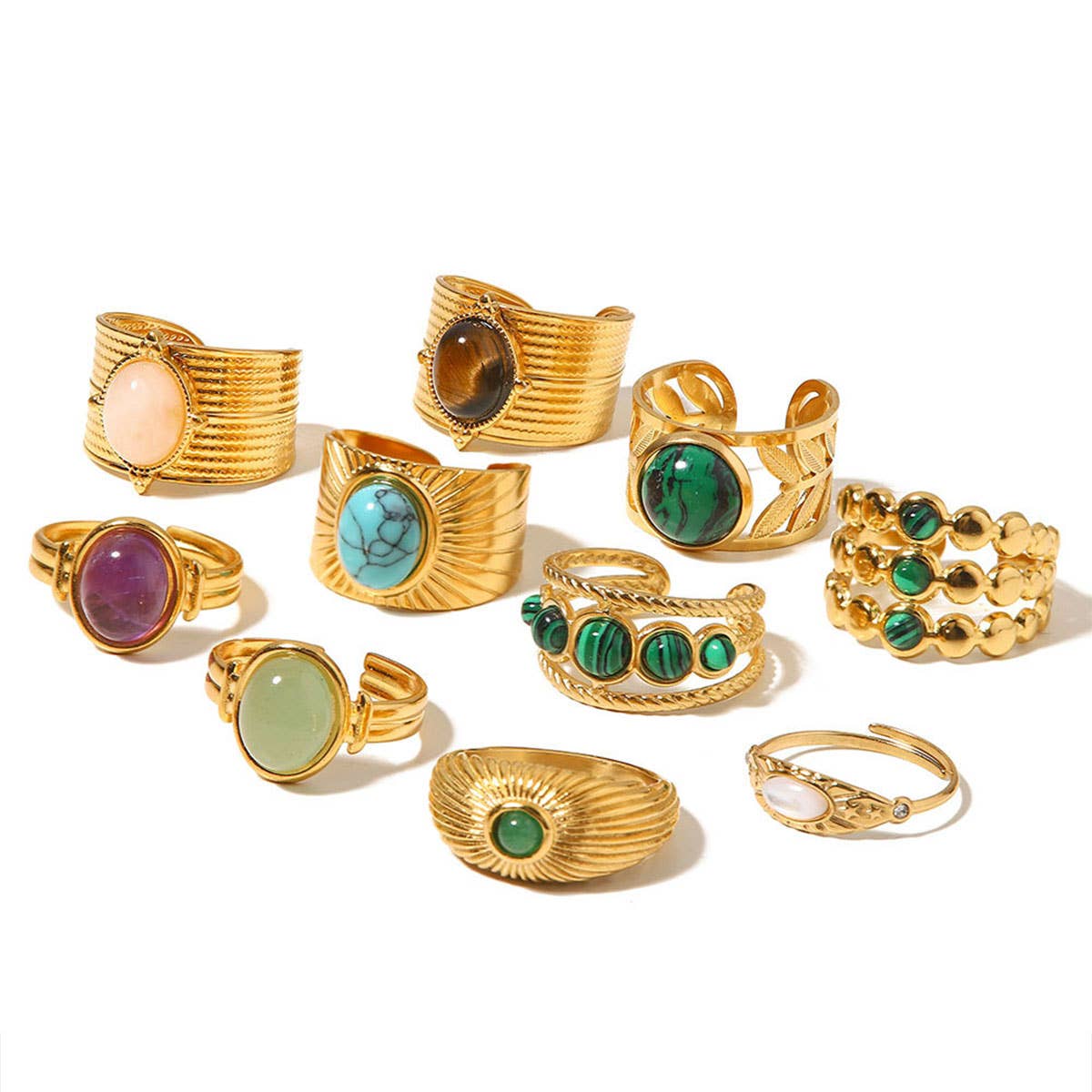 GOLD STAINLESS STEEL INLAID NATURAL STONE RINGS