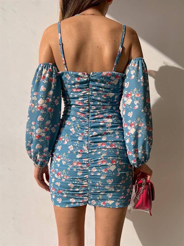 FLORAL PRINT LINE SHOULDER SEXY HALTER DRESS