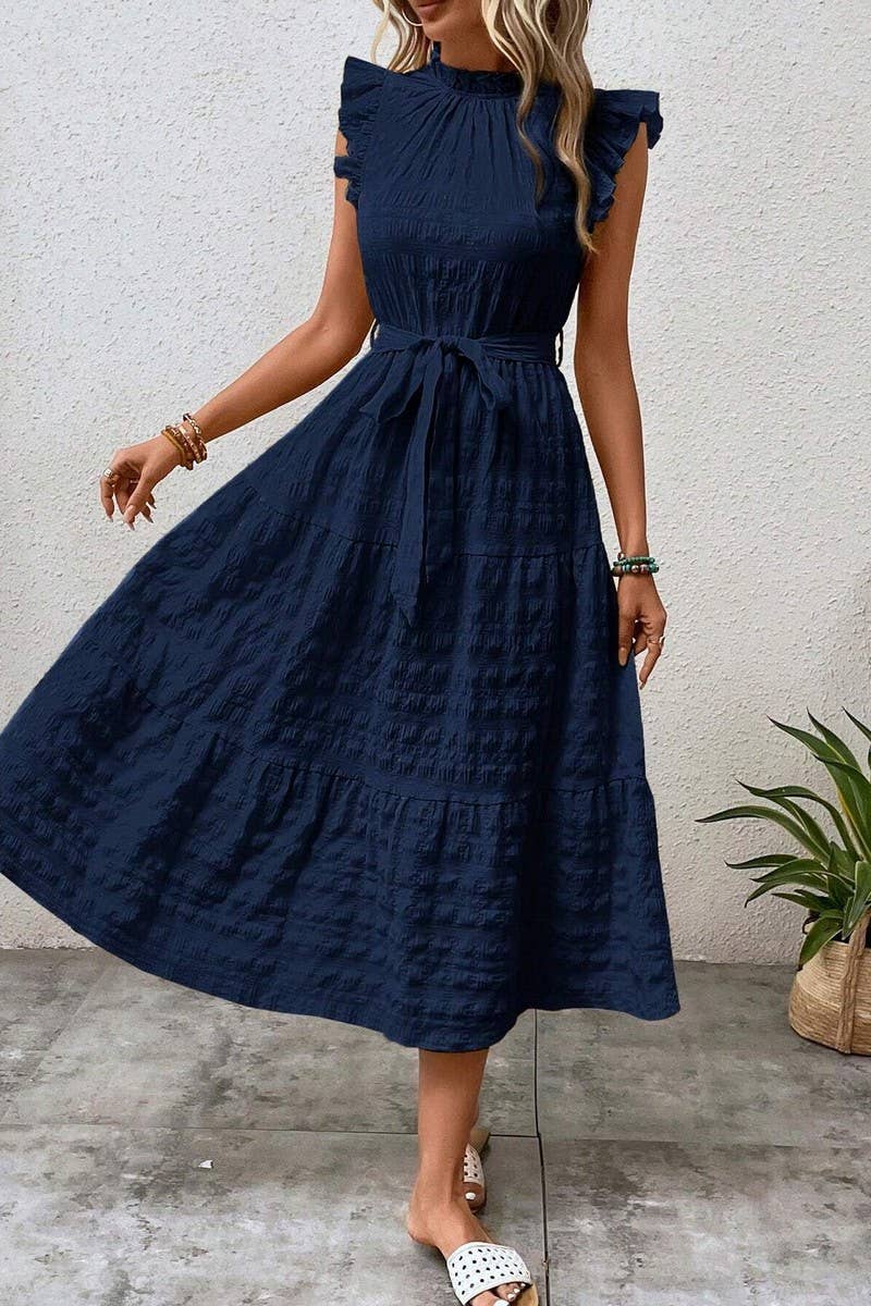 CWDMD4952_SUMMER RUFFLED FLYING SLEEVES TEXTURED DRESS