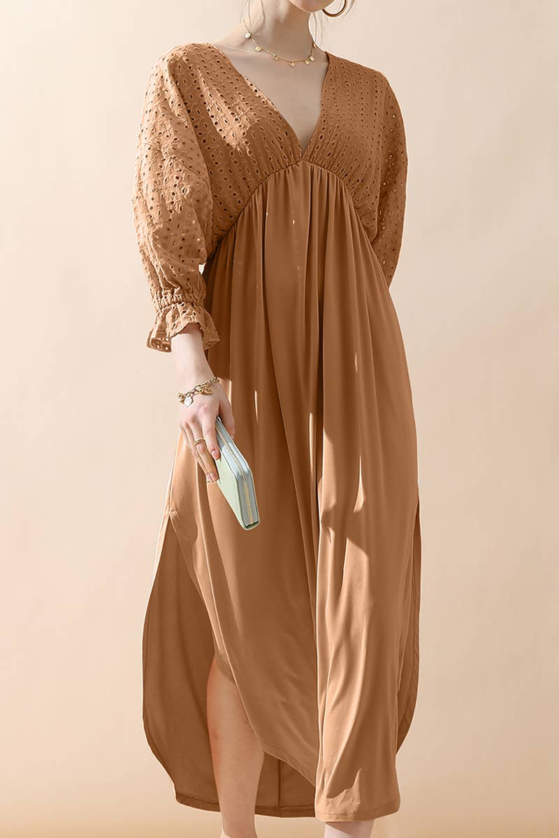 CWDMD795_3/4 SLEEVE V NECK LONG DRESS