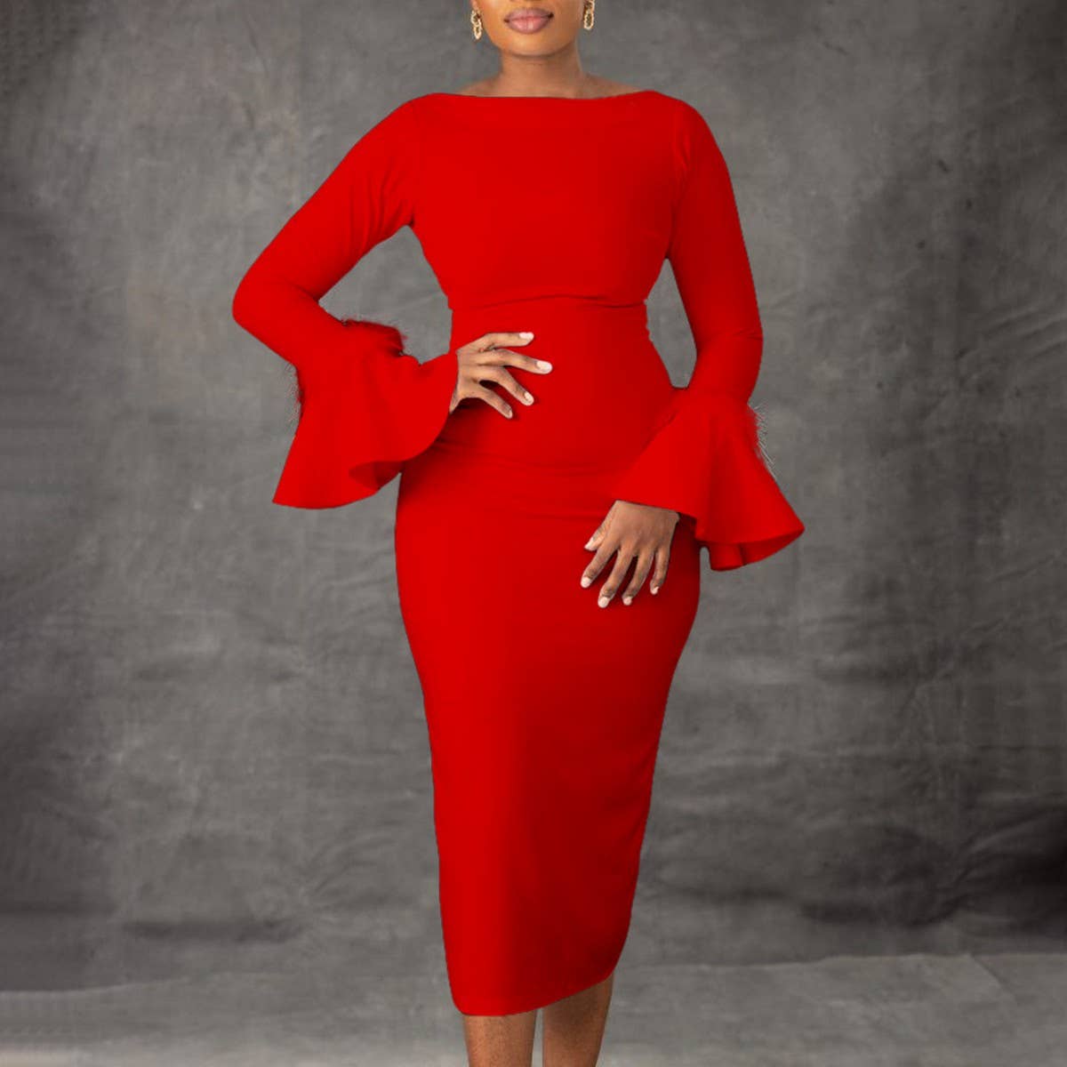 FASHION SOLID COLOR HIPWRAPPED FLARED SLEEVE DRESS_CWDMD3663