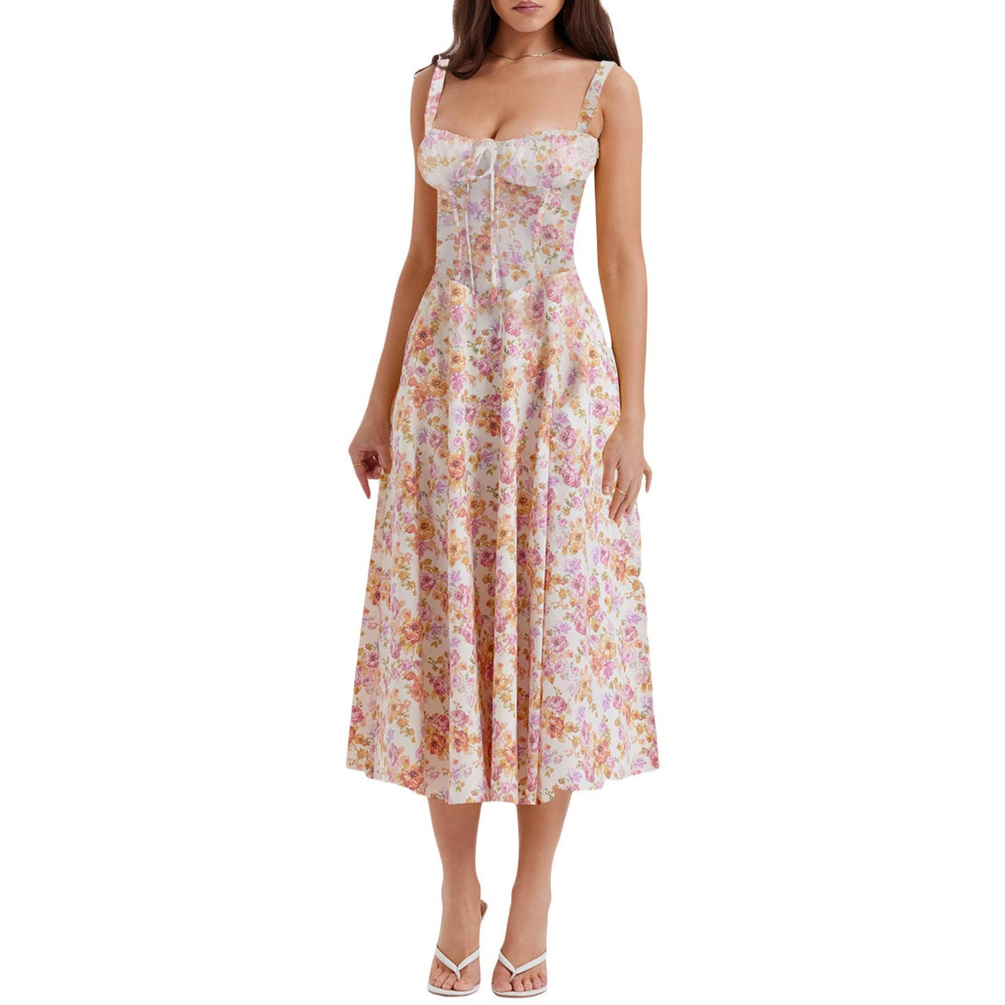 FLORAL FRENCH HIGH-WAISTED LONG HALTER DRESS