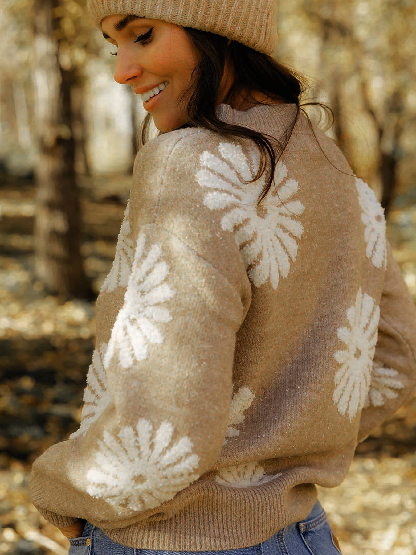 FLORAL KNIT CASUAL PULLOVER SWEATER FOR WOMEN