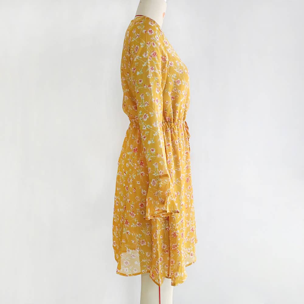 FLORAL LONG-SLEEVED V-NECK BOHO DRESS