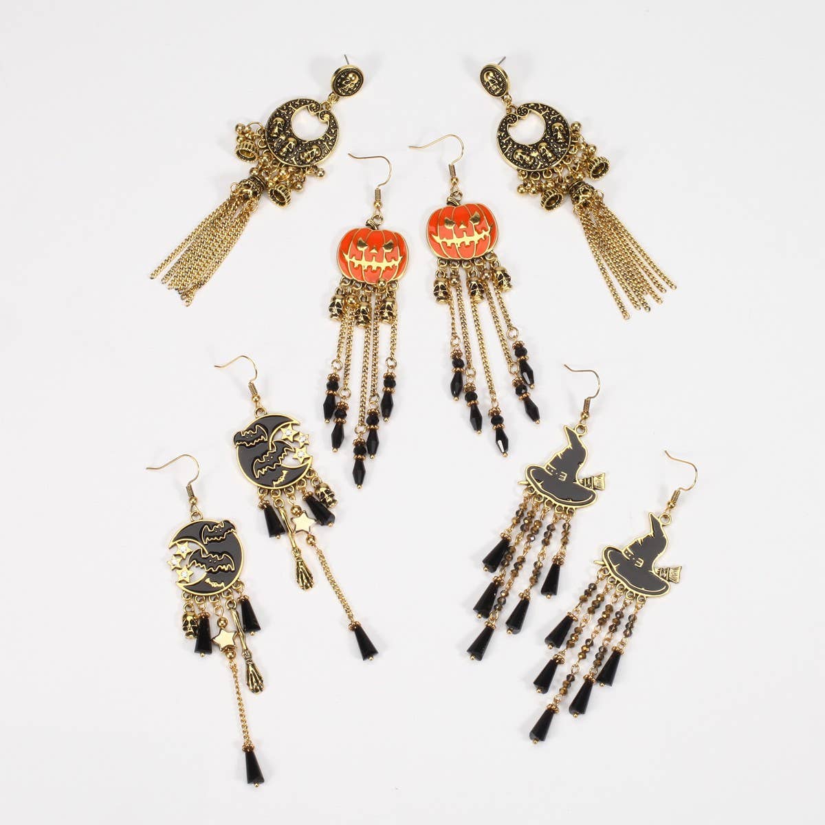 CWMM10460_HALLOWEEN PUMPKIN GHOST SKULL SPIDERWEB EARRINGS