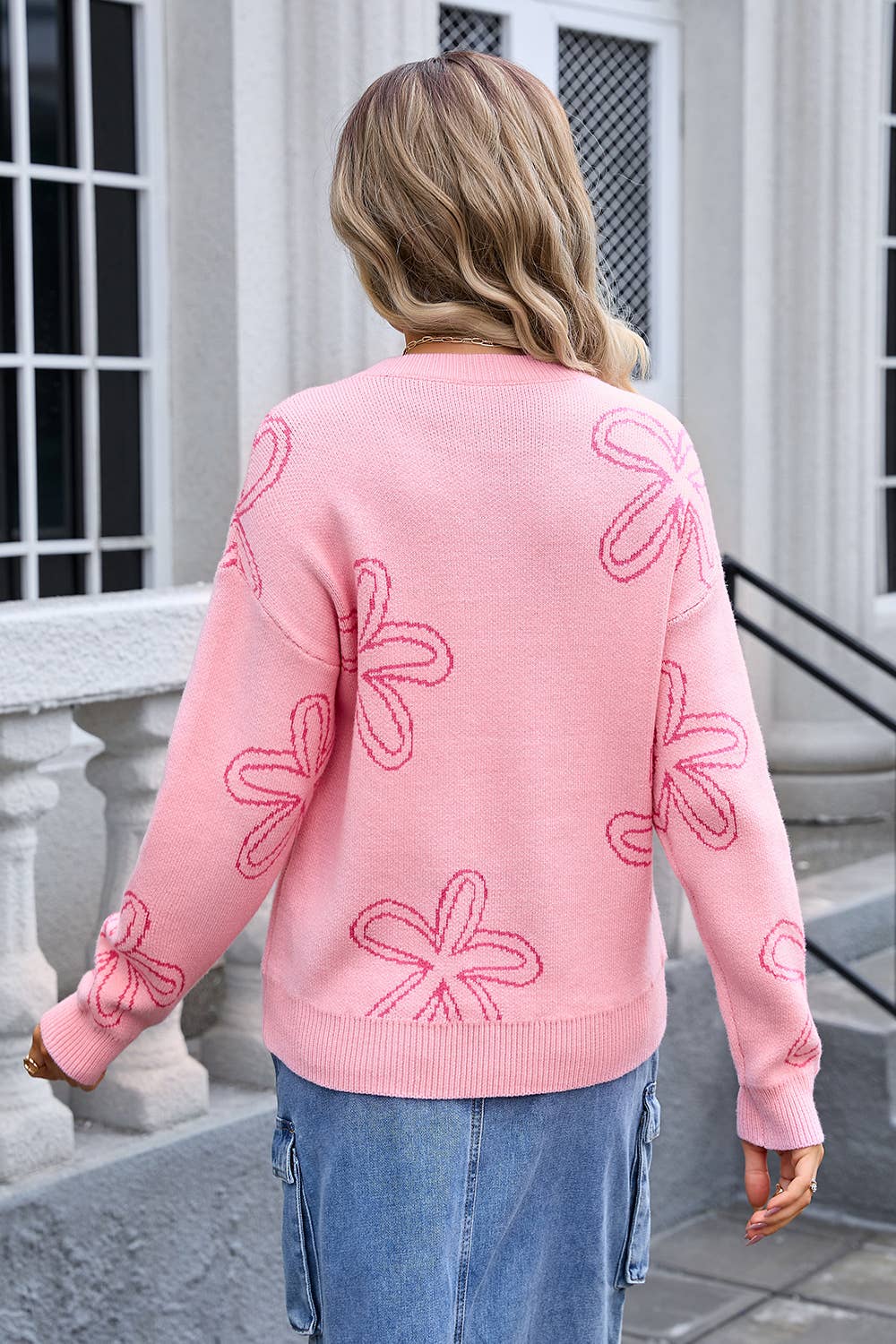 FLORAL LONG-SLEEVED CREW NECK PULLOVER SWEATER