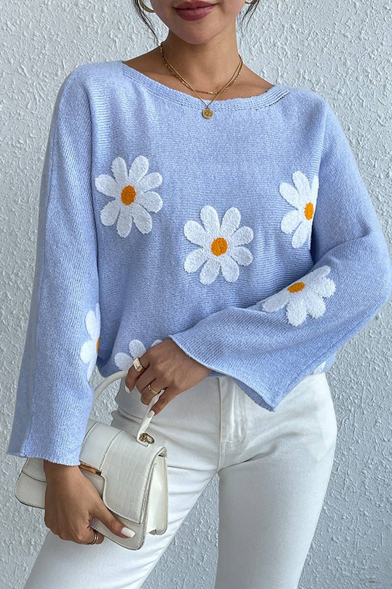 Floral embroidery loose crew neck pullover sweater