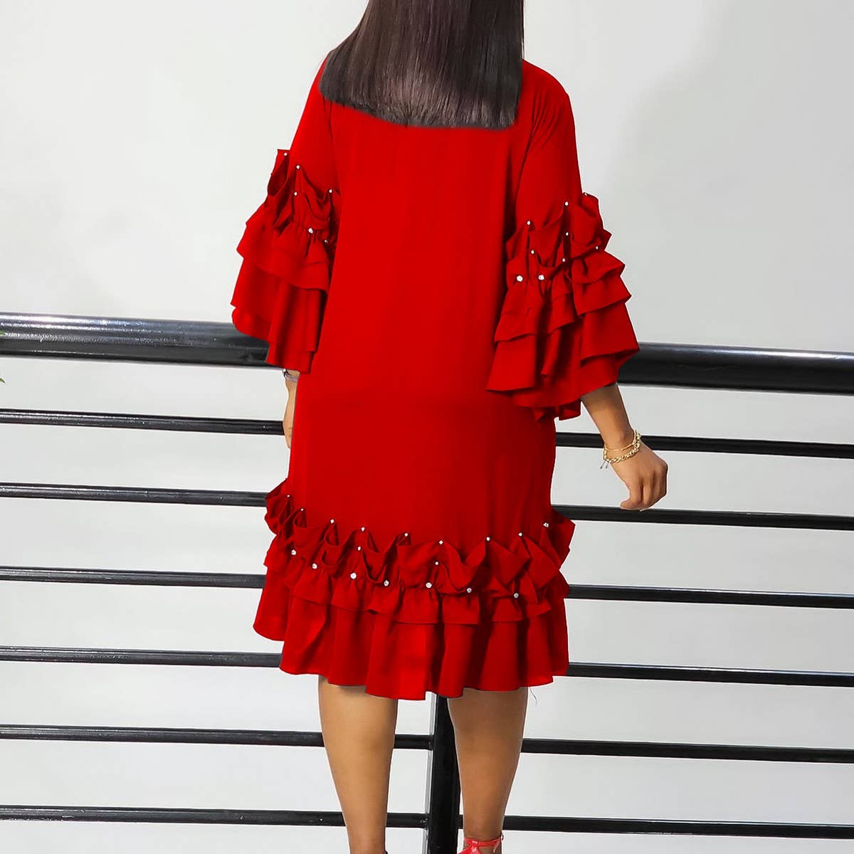 FASHIONABLE TIE-STRAP MULTI-LAYER RUFFLE DRESS