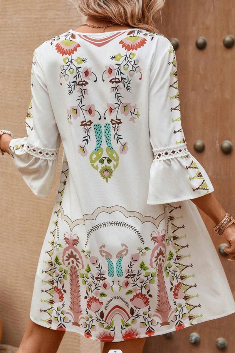 CWDMD4946_SUMMER V-NECK LACE PATCHWORK CASUAL PRINT DRESS