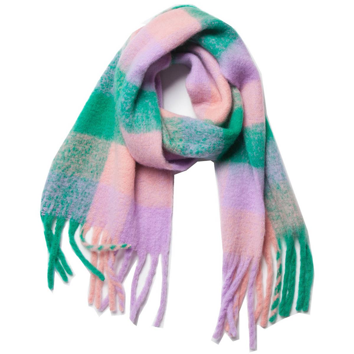 Chunky Plaid Mohair-Look Scarf with Fringes