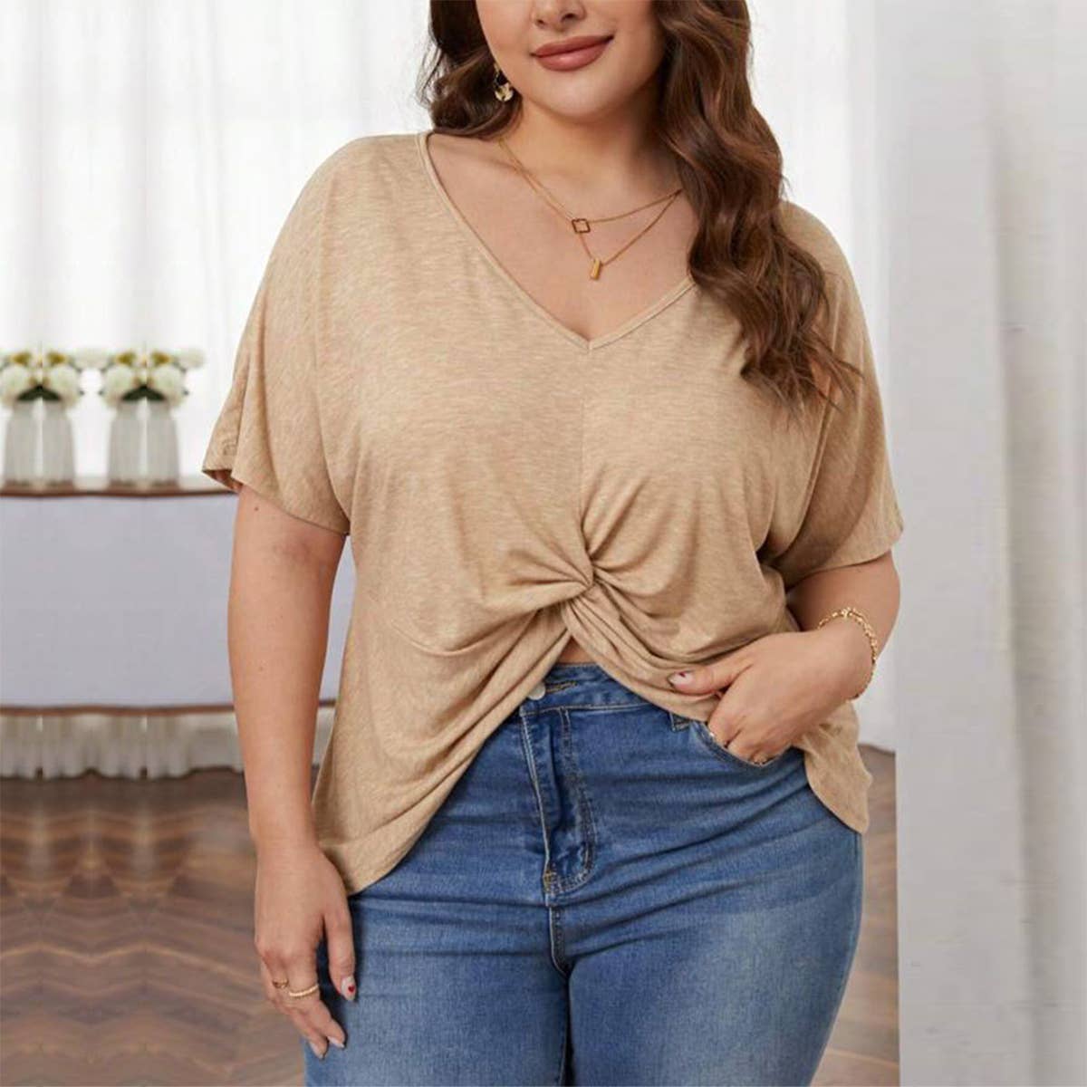 Loose Knit V-Neck Tee ? Asymmetrical Hem