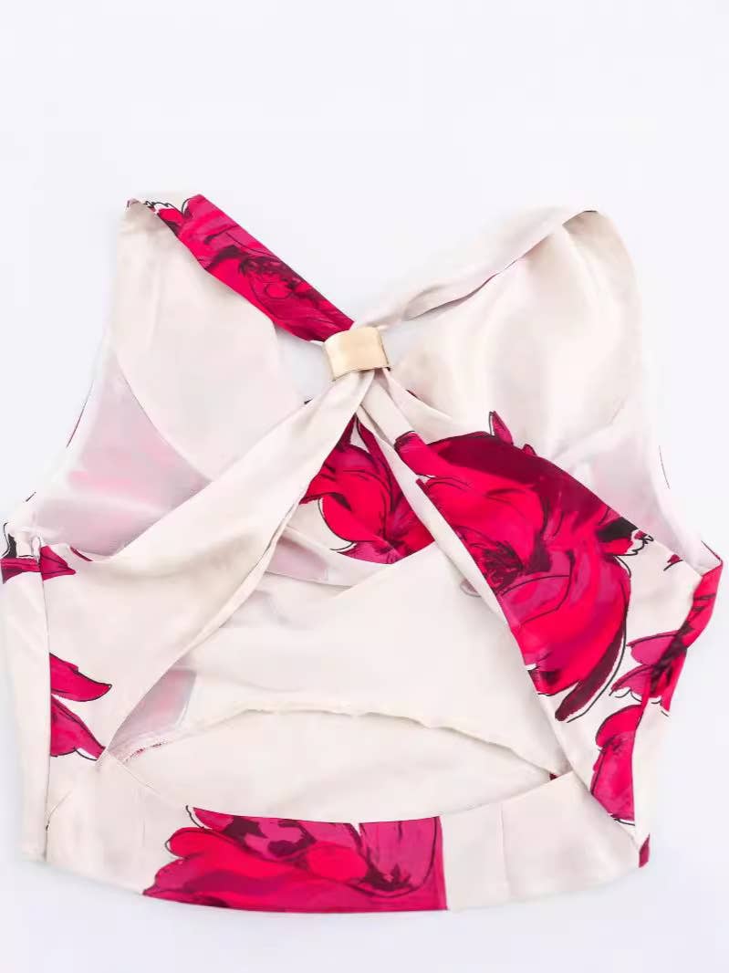 FLORAL PRINT SILK SATIN TEXTURE DRESS