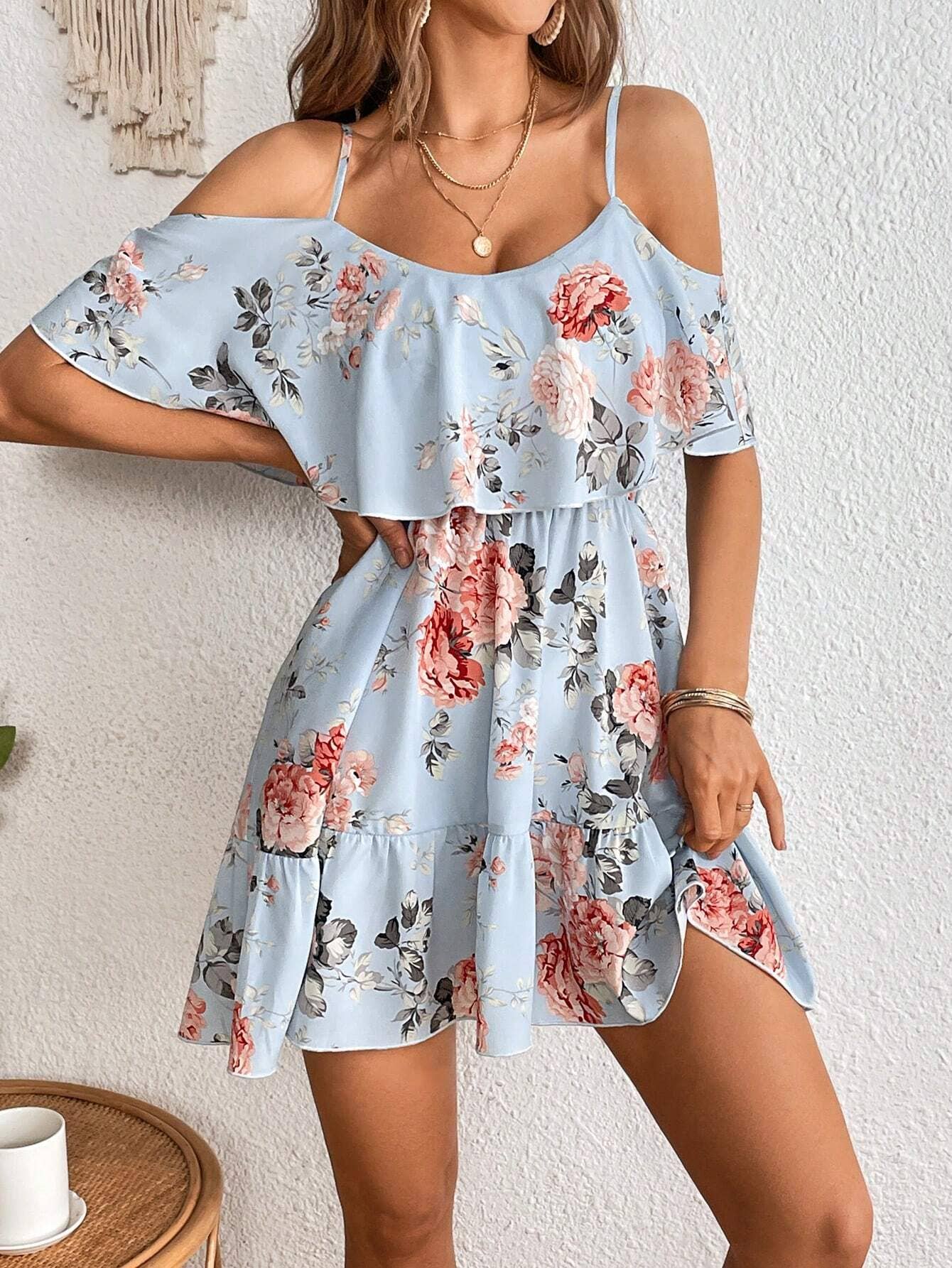 FLORAL WAISTLINE DRESS WITH RUFFLES