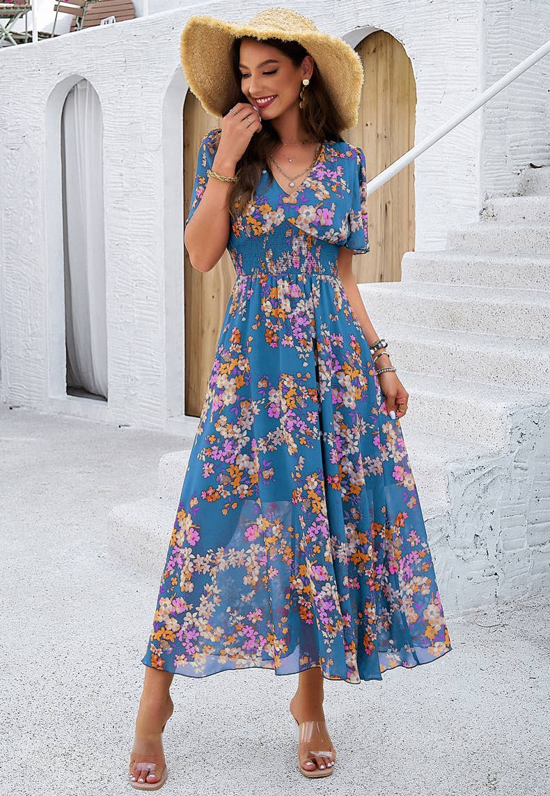 Floral V-Neck Waist-Tie A-Line Maxi Dress