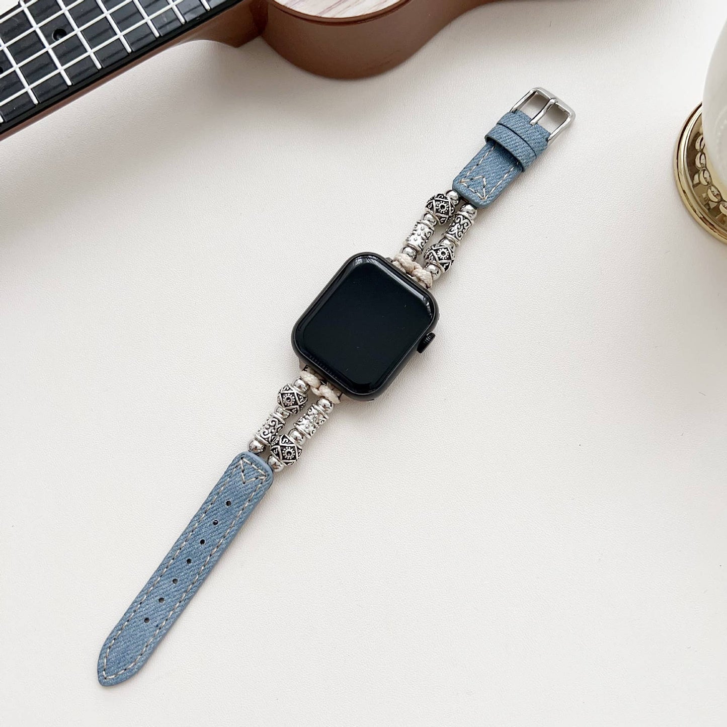 IWATCH9-1 TIBETAN SILVER DENIM LEATHER STRAP