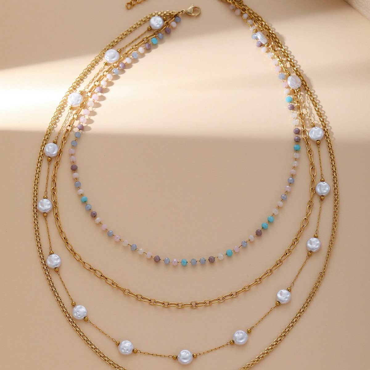 FOUR-LAYER CRYSTAL STONE PENDANT CHAIN NECKLACE